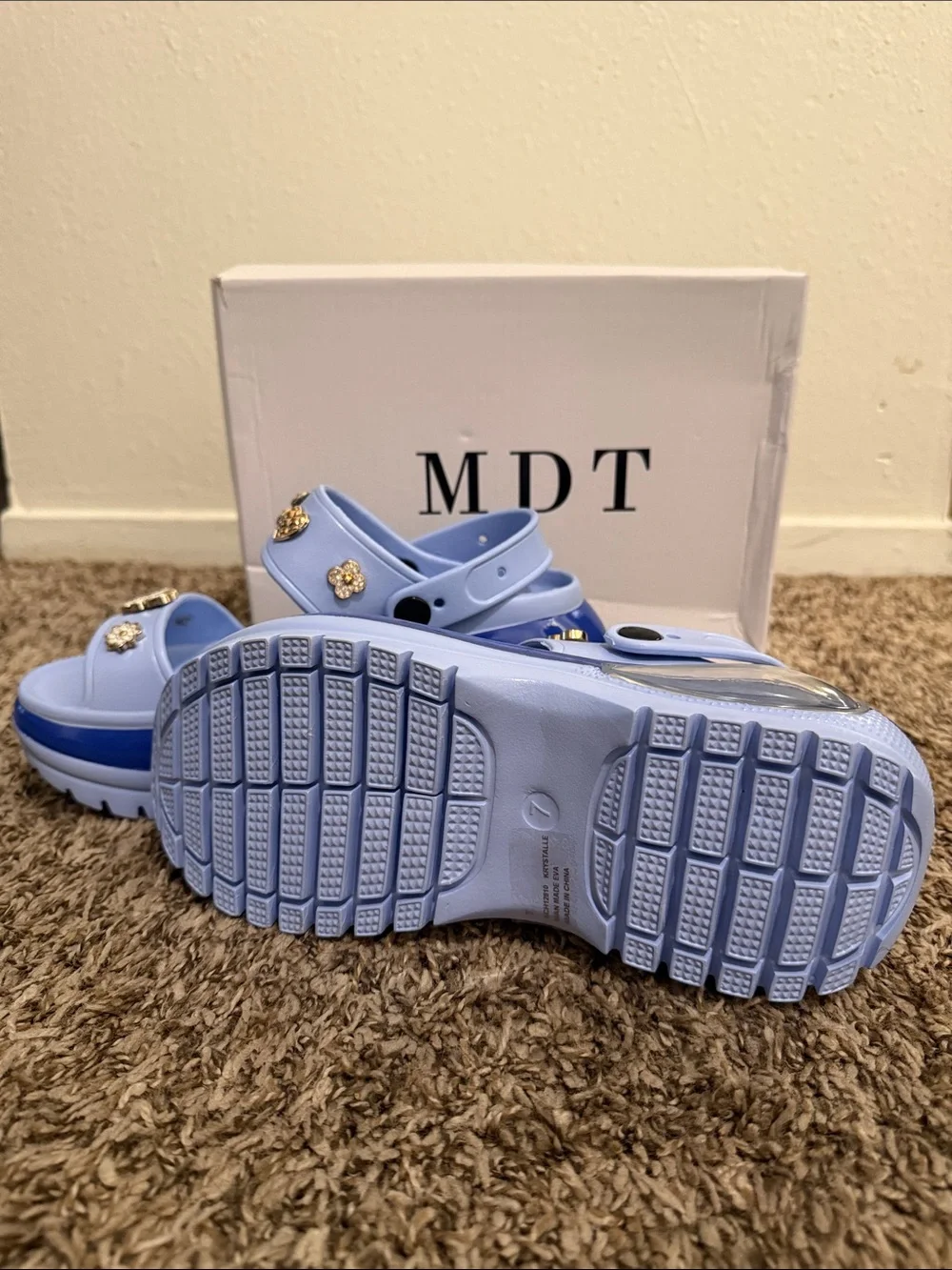 Women’s Light Blue Platform Sandals with Gold Charms